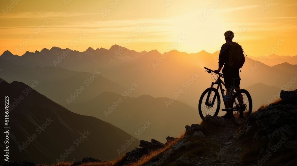 Cyclists silhouette standing on big rock against sunset. Mountain bike concept Cyclists silhouette standing on big rock against sunset. Mountain bike concept