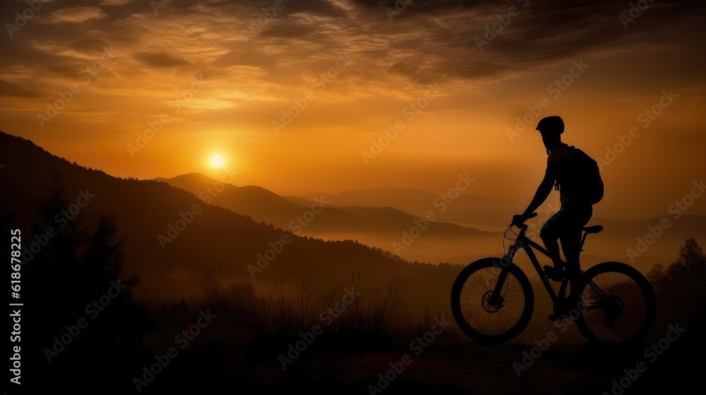 Fototapeta premium Cyclists silhouette standing on big rock against sunset. Mountain bike concept