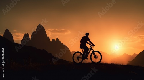 Cyclists silhouette standing on big rock against sunset. Mountain bike concept © Clown Studio