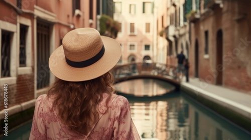 Seen from behind modern middle aged traveler woman in floral dress with hat sightseeing in Venice, Italy