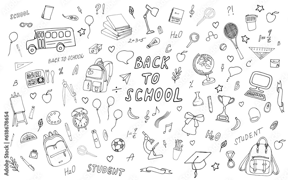 Set for school and students.Back to school illustration.School doodles, learning,chemistry,physics, lessons, time for learning, school tools set.Hand drawn art. Set for school and students.Back to school illustration.School doodles, learning,chemistry,physics, lessons, time for learning, school tools set.Hand drawn art.