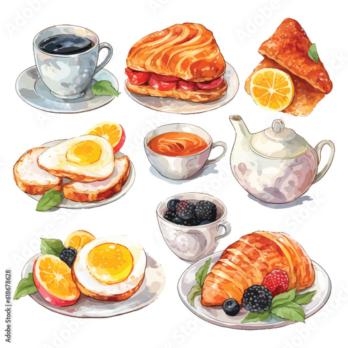 watercolor illustration of breakfast sets