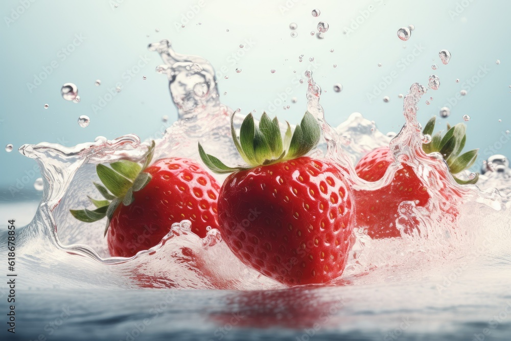 Fototapeta premium Fresh strawberry dropped into water with splash on the background.