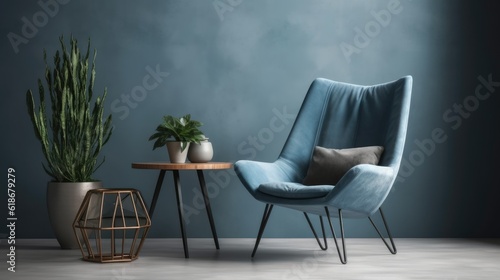 Comfortable sofa near blue or gray wall in interior of room © Clown Studio