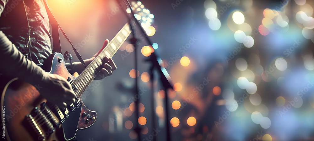 Obraz premium Guitarist's hands on the guitar. The musician plays the guitar. bokeh. Banner. Wallpaper. Generated AI