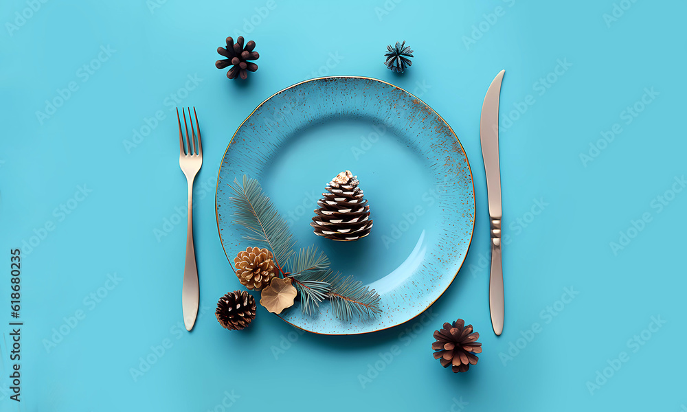 Christmas. Christmas dinner. Plate with fork and knife. Banner. AI