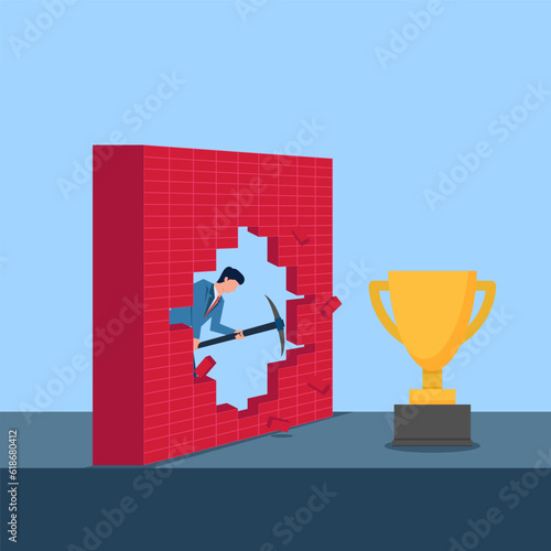 Business man crush the wall to reach the trophy. Metaphor of business barrier. Business flat vector concept illustration.