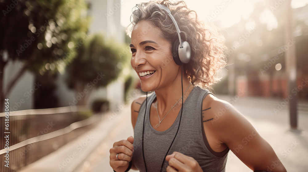 Φωτογραφία Latin woman, she's 50 year old, beautiful eyes, healthy women smiling in a Yoga Sport wear, headset, Smartwatch