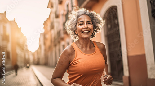 Latin woman, she\'s 50 year old, beautiful eyes, healthy women smiling in a Yoga Sport wear, headset, Smartwatch. running outside on sunny day. full-body photo generativeAI