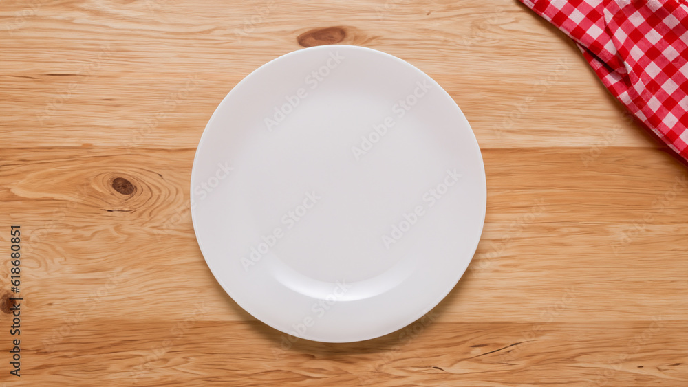 empty white plate on wooden table empty white plate on wooden table