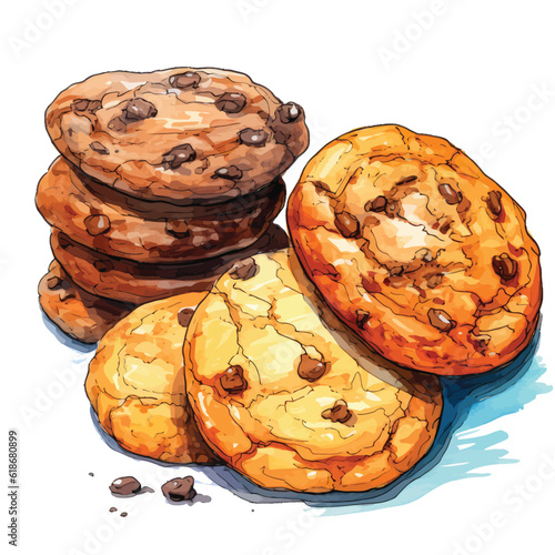 chocolate chip cookies illustration in pastel watercolor style