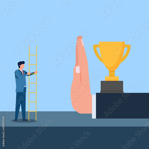 Business man bring ladder to cross big hand. Metaphor of business barrier. Business flat vector concept illustration.