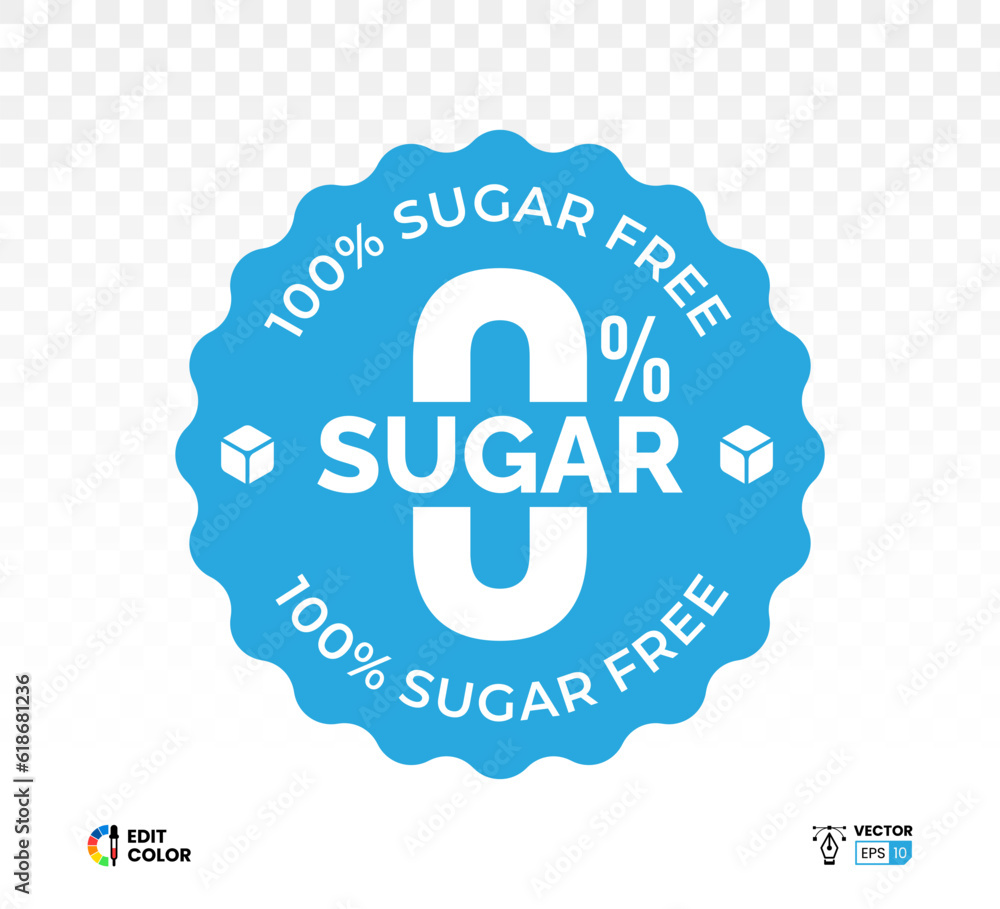 Zero percent blue circle sugar vector label design isolated on white. Minimalist design for food and drink packaging icon, sign, sticker, seal, stamp
