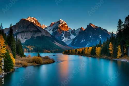 fabulous mountain with beautiful lake in the mid morning view generated by AI tool