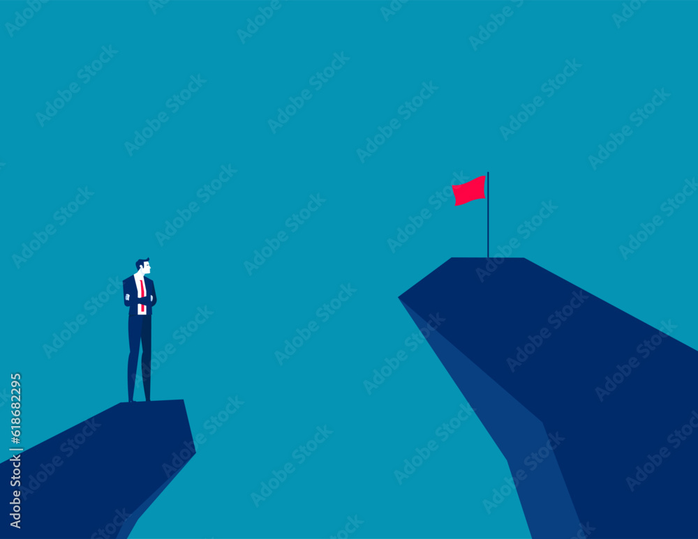Man on a mountain peak looking at the flag on another peak. Business vector illustration Man on a mountain peak looking at the flag on another peak. Business vector illustration