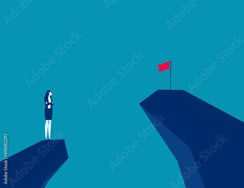 Woman on a mountain peak looking at the flag on another peak. Business vector illustration