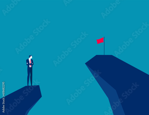 Man on a mountain peak looking at the flag on another peak. Business vector illustration