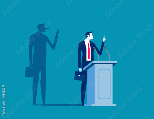 Politician on a podium giving speech with his long nose shadows. Business liar vector illustration