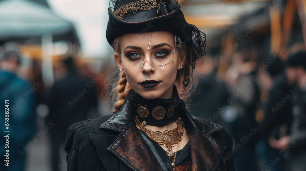 Gothic Temptations: Unveiling the Enigmatic Allure of Real-Life and Party Mode Gothic Culture. Dive into the Dark, Sensual World of Gothic Fashion, Music, and Expression, Enhanced by Generative AI - obrazy, fototapety, plakaty 