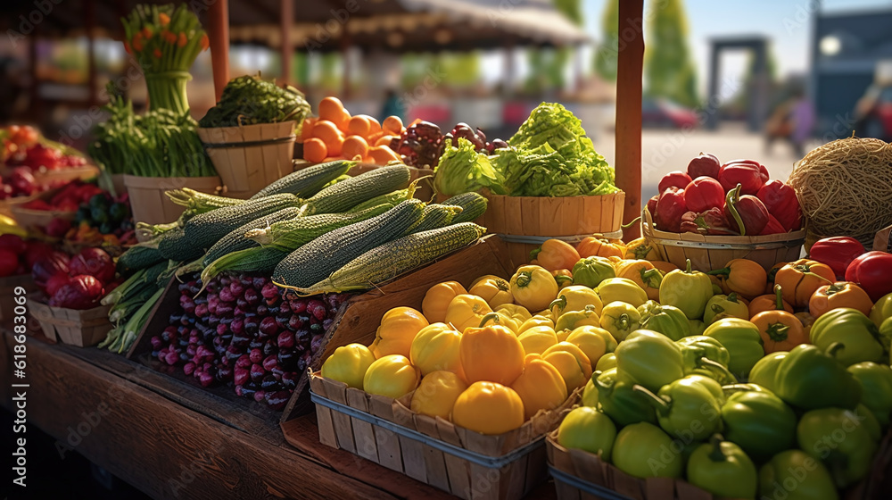 Capture the beauty of a farmers market, overflowing with an array of vibrant, seasonal fruits and vegetables. Generative Ai