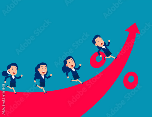 Team running on the rising arrow of percentage sign. Pursuing business profit