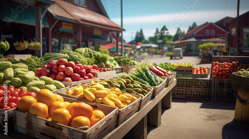Capture the beauty of a farmers market, overflowing with an array of vibrant, seasonal fruits and vegetables. Generative Ai