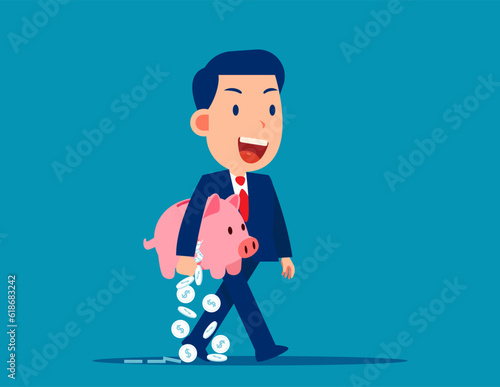 Holding breaking apart piggy bank loosign savings. Business financial concept