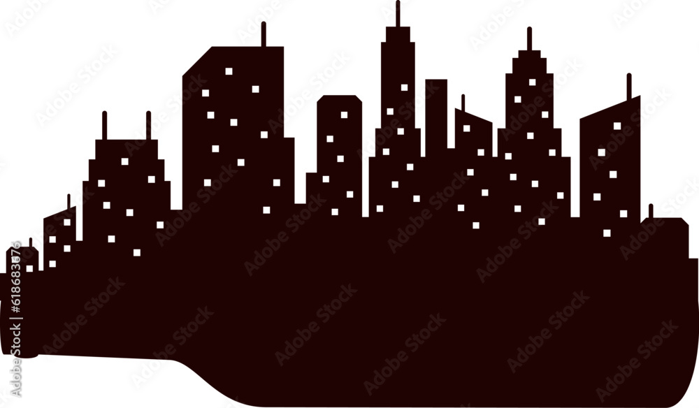 Naklejka premium Bottle with silhouette city landscape