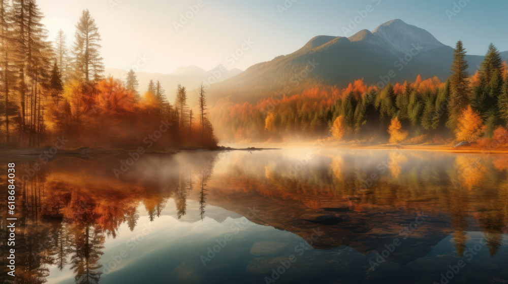 Fototapeta premium Autumn forest with fog reflected in water.