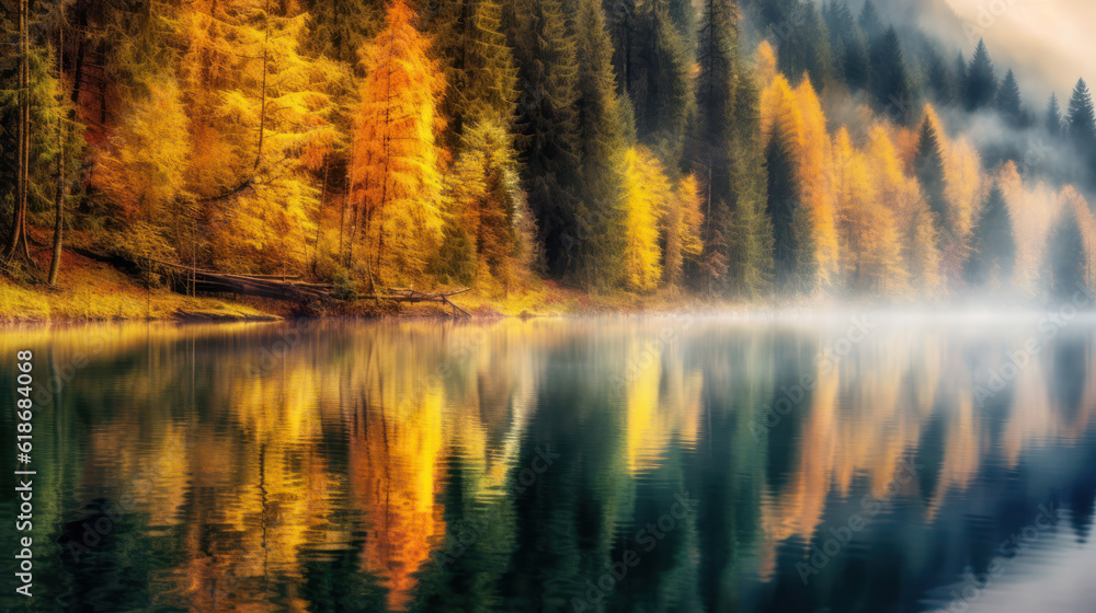 Fototapeta premium Autumn forest with fog reflected in water. 