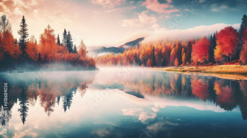 Autumn forest with fog reflected in water. 