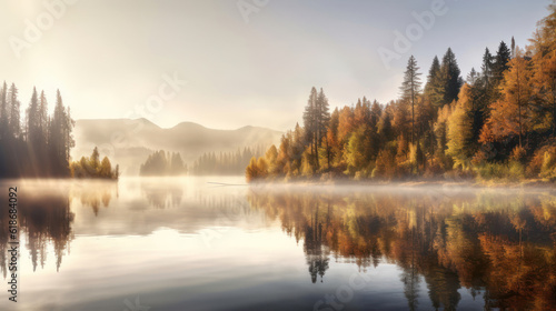 Autumn forest with fog reflected in water. © tashechka