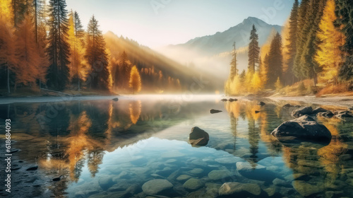 Autumn forest with fog reflected in water. 