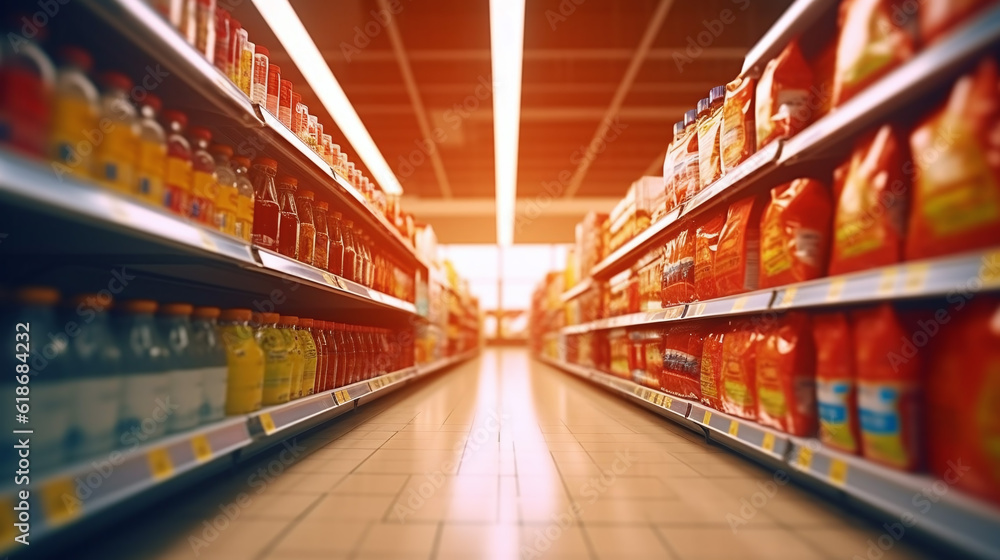 Supermarket aisle and shelves blurred background, created with Generative AI