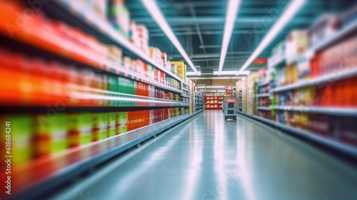 Supermarket aisle and shelves blurred background, created with Generative AI