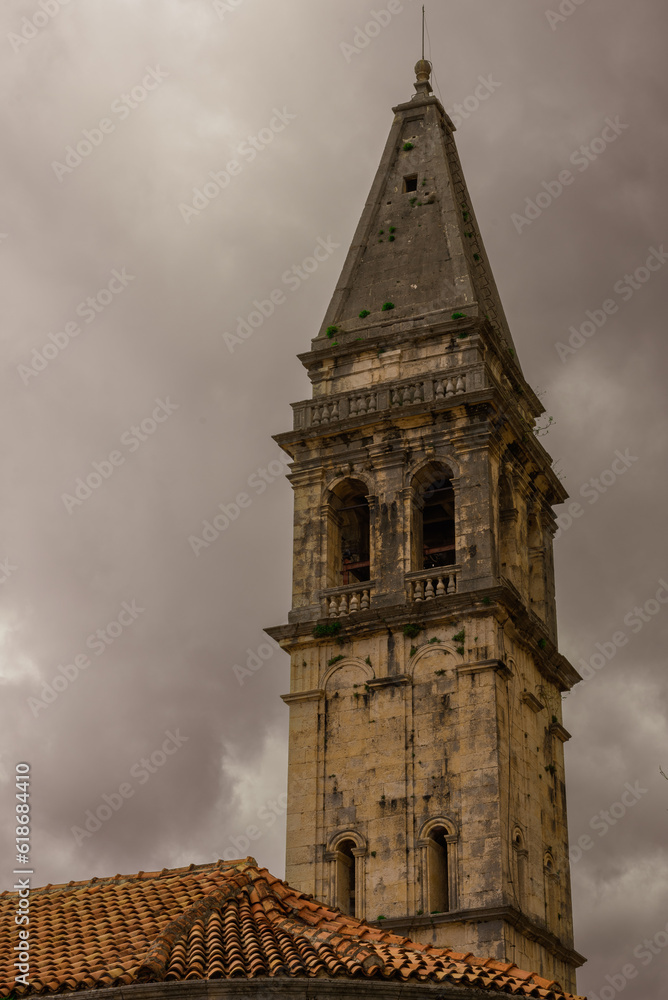 Bell tower of St Nicholas church in Perast. Montenegro