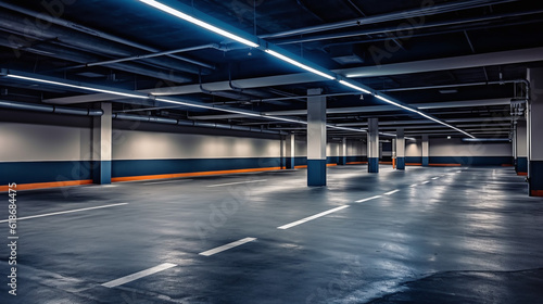 Dark parking garage industrial room interior. Zoom blur perspective. Generative Ai © maniacvector