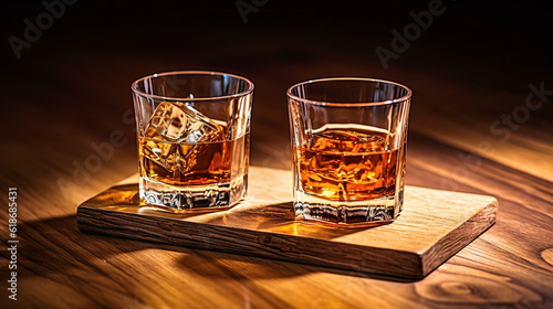 Whiskey drinks on wood. Generative Ai