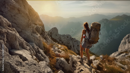 Woman hiker with backpack climbs steep rocky terrain. Generative Ai