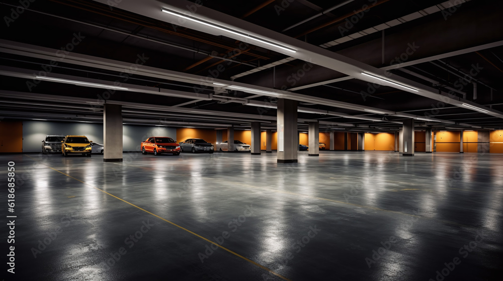 Dark parking garage industrial room interior. Zoom blur perspective. Generative Ai
