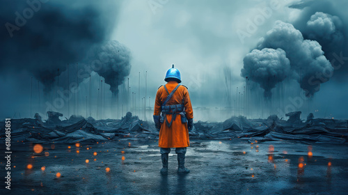 War Concept. A military man looks at the trenches after the bombing