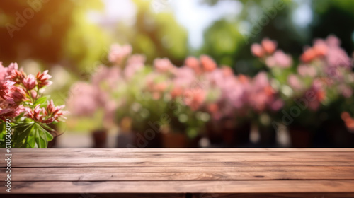 Wooden board empty Table Top And Blur flower garden Background © tashechka