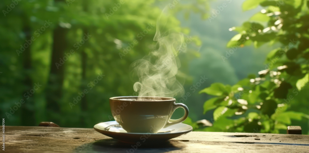 custom made wallpaper toronto digitalCup of coffee with smoke on wooden table with green forest background