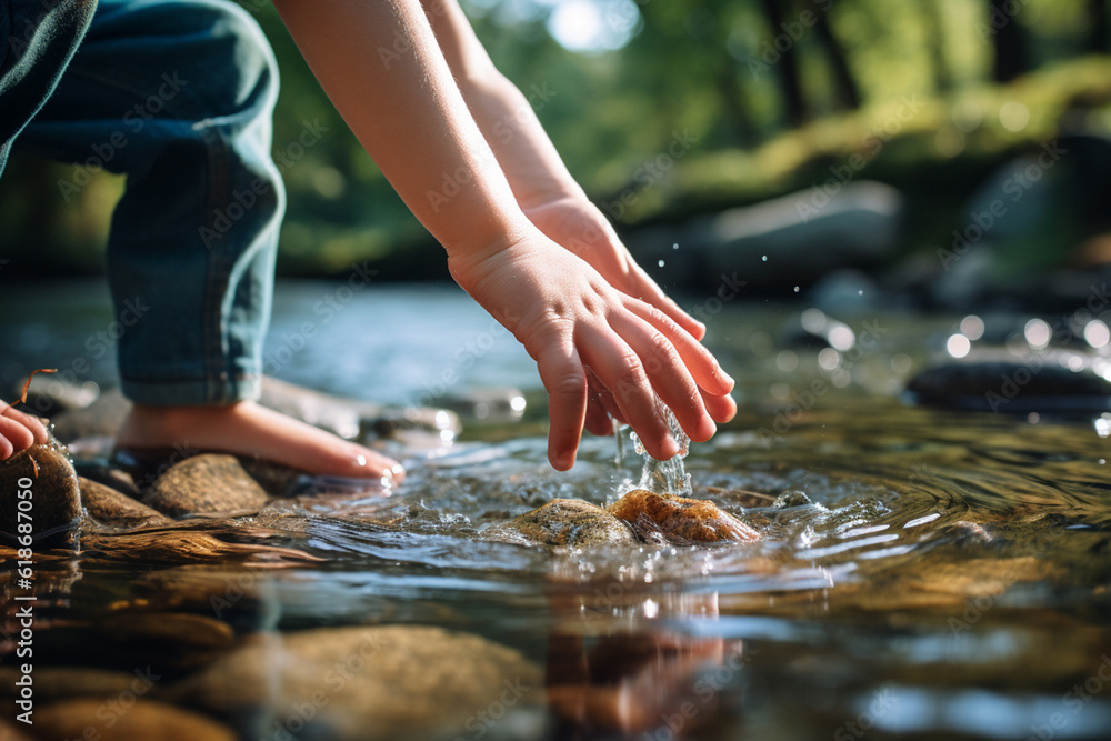 A small kid hand close up touching the river water, view from ground. Water pouring on hand in morning ligth background. Generative Ai. A small kid hand close up touching the river water, view from ground. Water pouring on hand in morning ligth background. Generative Ai.