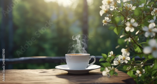 Cup of coffee with smoke on wooden table with green forest background