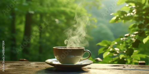 Cup of coffee with smoke on wooden table with green forest background