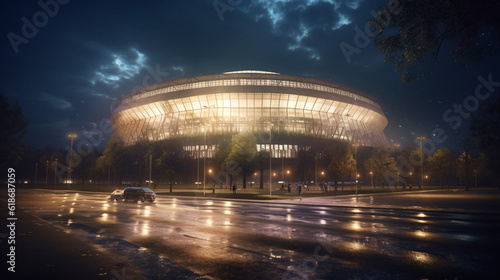 lights at night and stadium . Sport background. 3d render. Generative AI