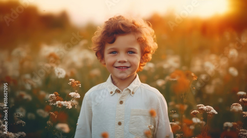 Cute happy little boy of 4 years , ocean in sunset light. Blooming spring meadow. Field of summer flowers 