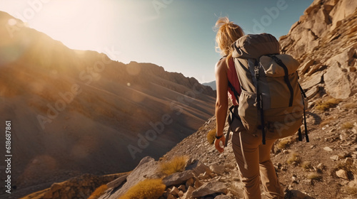 Woman hiker with backpack climbs steep rocky terrain. Generative Ai © maniacvector