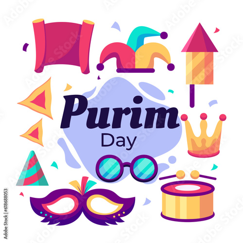 Happy purim day flat design greeting